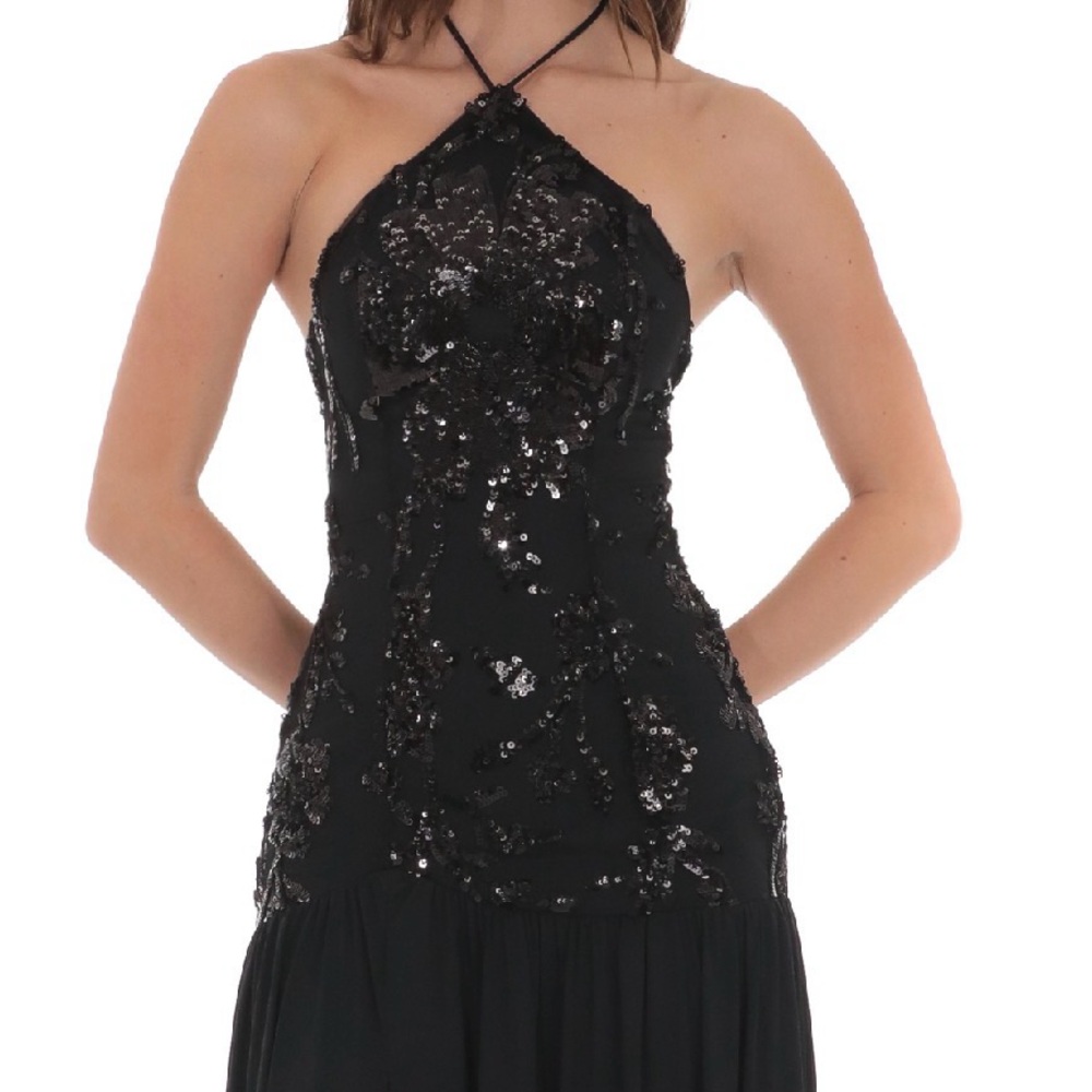 Drop Waist Black Sequin Maxi Dress